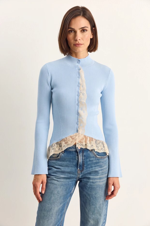 Women's Lace Detailed Half Turtleneck Buttoned Ribbed Knitwear Baby Blue Cardigan