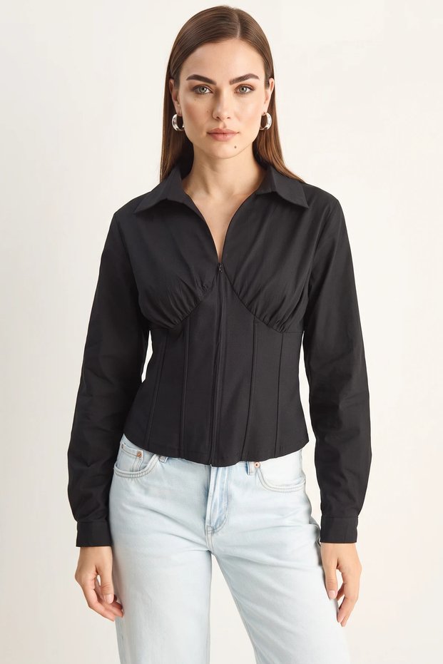 Women's Corset Detailed Back Tie Zippered Black Shirt