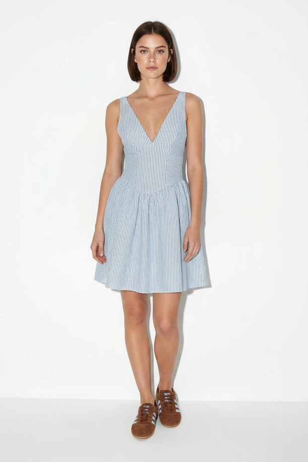 Women's V-Neck Thin Straps Striped Gipeli Back Detail Seersucker Baby Blue Dress