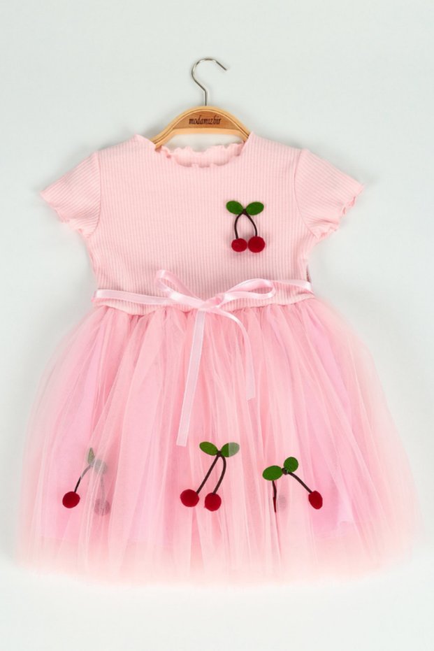 Girl's Cherry Appliqué Tulle Skirt Dress Pink