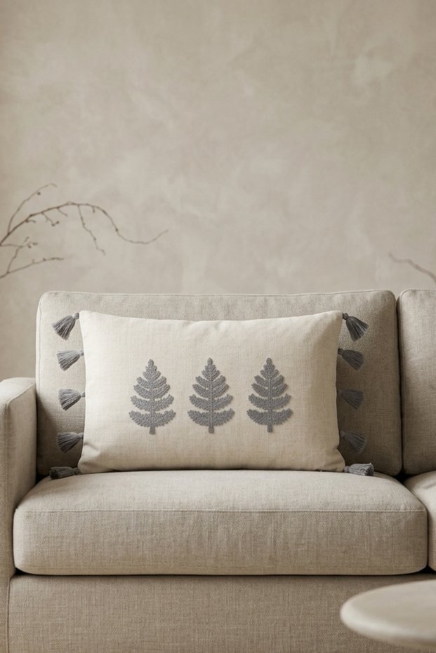 Buldan Handmade Tree Motif Embossed Punch Embroidered Tasseled Cotton Hidden Zipper Rectangular Throw Pillow Cover 35X55 cm