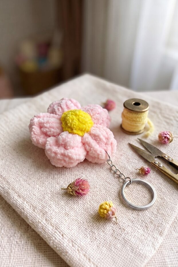 Handmade Puff Flower Bag Charm - Plush Keychain with Silver Chain