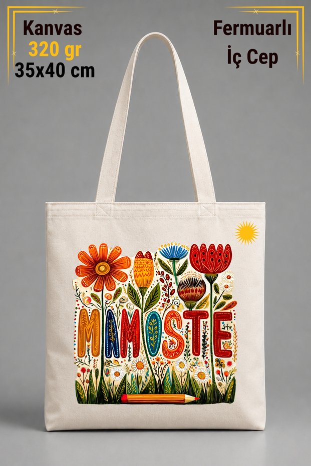 Kürtçe Mamoste Raw Colored 320 Gr Canvas Tote Bag with Floral Design and Inner Pocket for Teachers | 100% Cotton