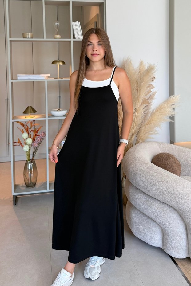 Black Long Dress with Strappy Tank Top Detail