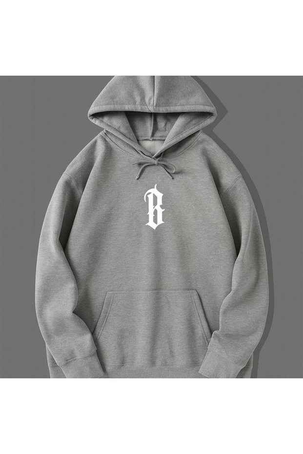 Unisex Oversize 3 Thread Raster Printed "Gothic Letter B" Hooded Sweatshirt with Kangaroo Pocket