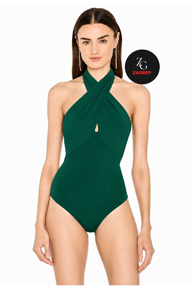 Women's Emerald Green Halter Neck No-Show Silk Jersey Bodysuit