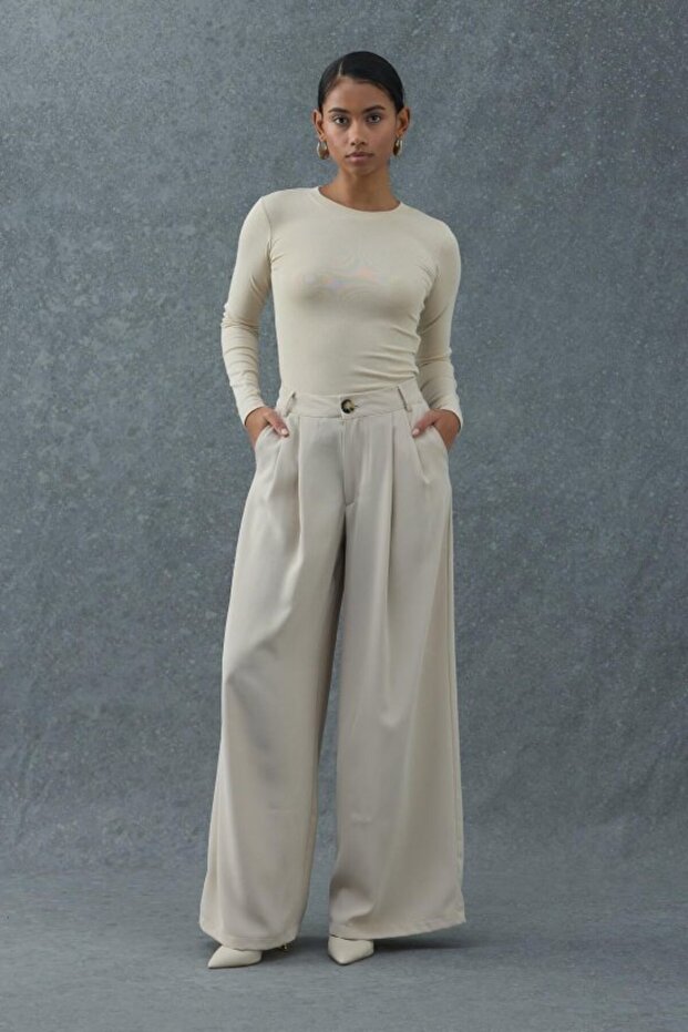 Beige Pleated Comfort Pants
