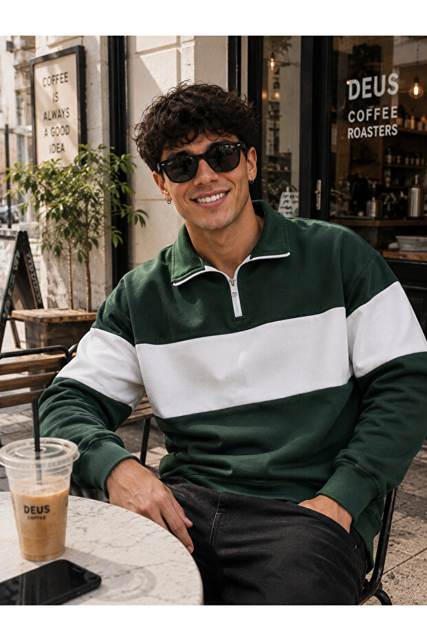 Men's Mid-Length Single-Piece Half-Zip Polo Collar Sweatshirt 100% Cotton