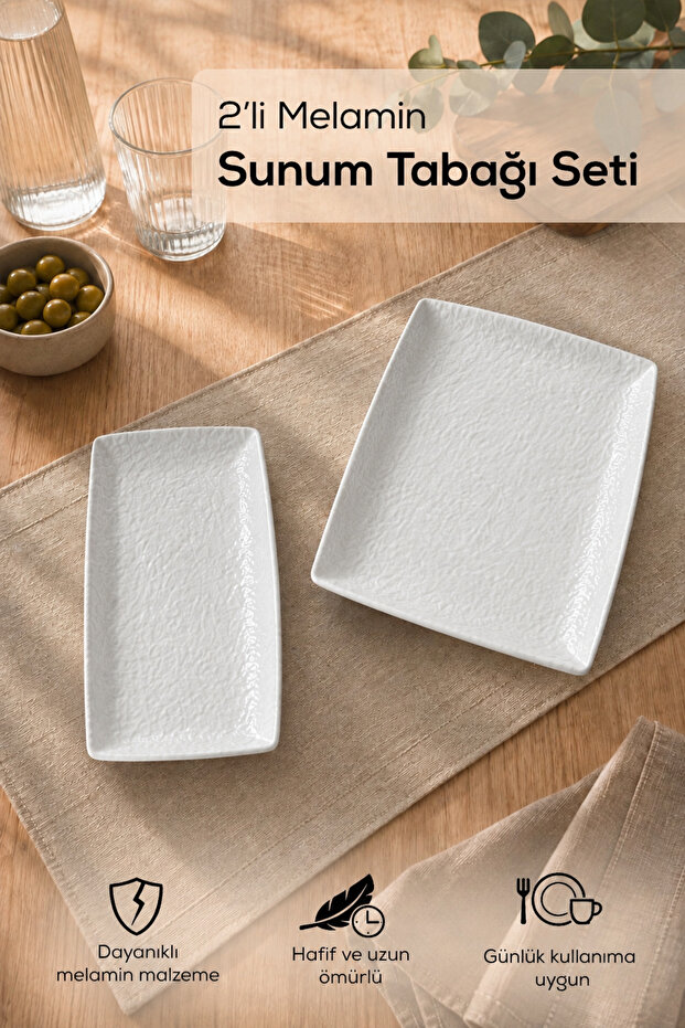 2 Piece Melamine Presentation Plate Set, Presentation Plate, Serving Plate - Patterned Unbreakable Serving Plate - White