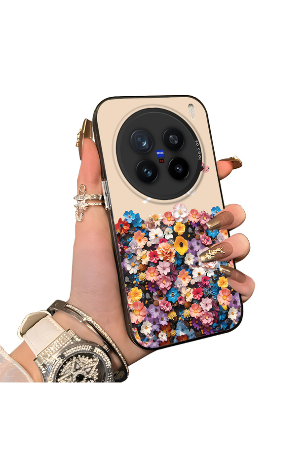 Vivo X200 Pro Compatible Silicone Edge Hard Back Case Couple Phone Case with Floral Pattern