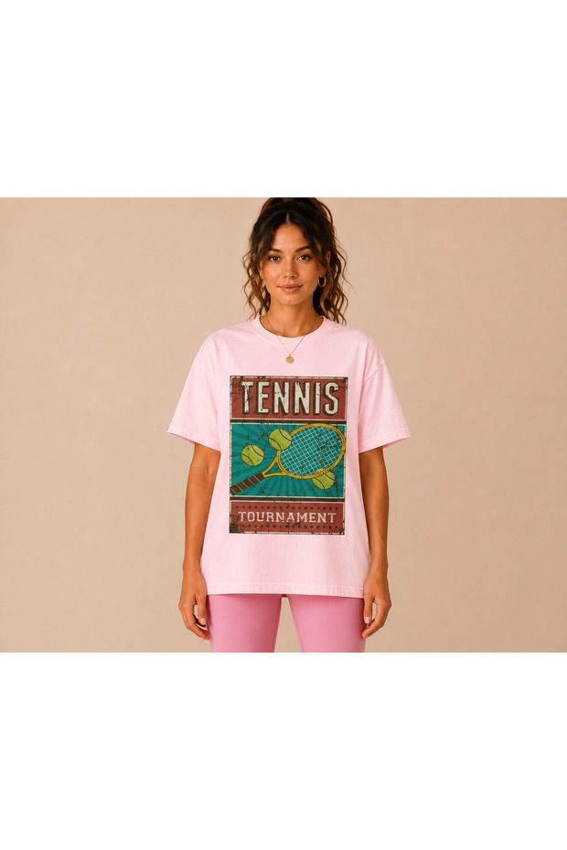 Unisex Oversize Tennis Printed T-Shirt 100% Cotton Tennis Themed Comfortable Fit Short Sleeve T-Shirt