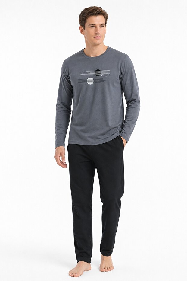 Men's Pajama Set, Crew Neck, Cotton, Geometric Line Circle Printed, Dark Gray