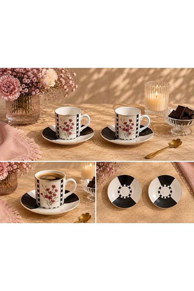Balsa Mrk Model 2-Piece Porcelain Coffee Cup 90Cc Hercai Pattern Black and White Floral Turkish Coffee Cup