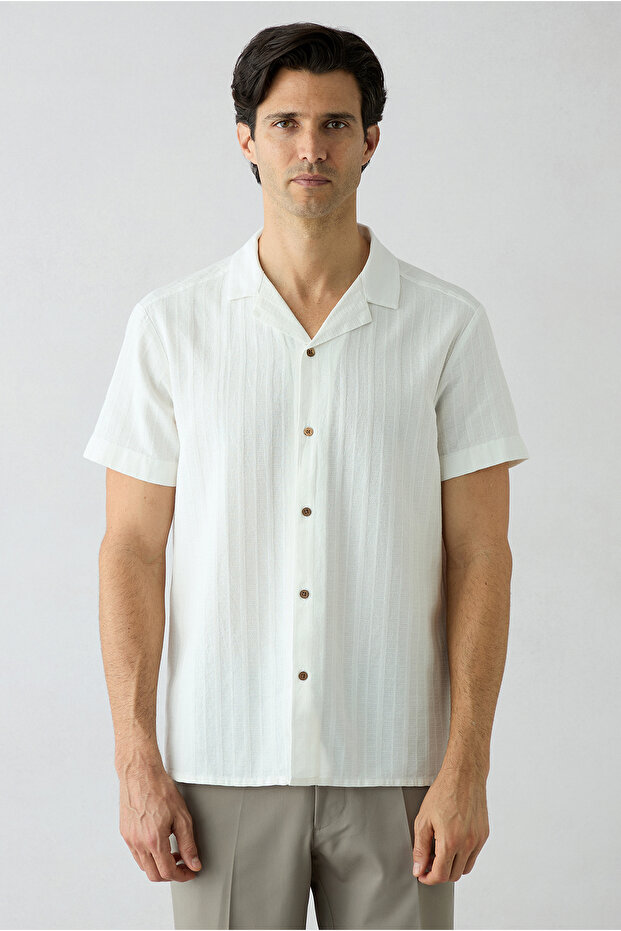 Short Sleeve Regular Fit Apaş Collar Patterned 100% Cotton Shirt