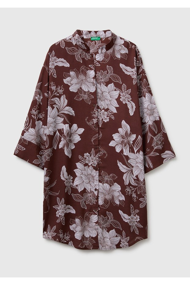 Women's Brown 100% Modal Print Detailed Mandarin Collar Dress