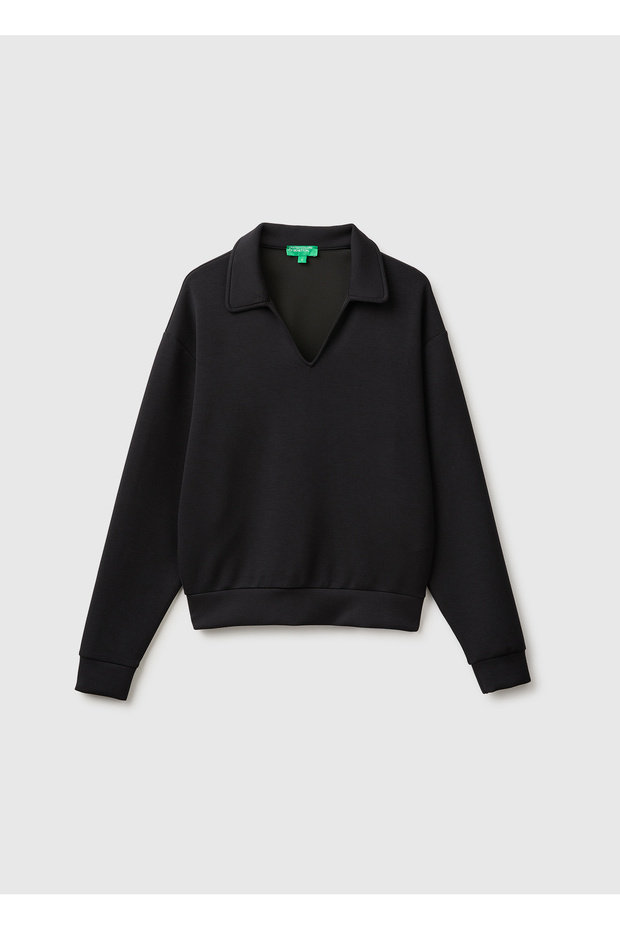 Women's Black Long Sleeve Polo Collar Top