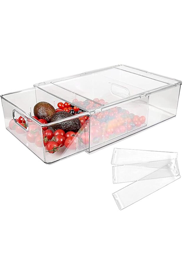 Refrigerator Organizer Bins with Pull-out Drawer, Large Stackable Fridge Drawer Organizer Set with Handle, BPA-free Drawable Clear Storage Cases for Freezer, Cabinet, Kitchen, Pantry Organization