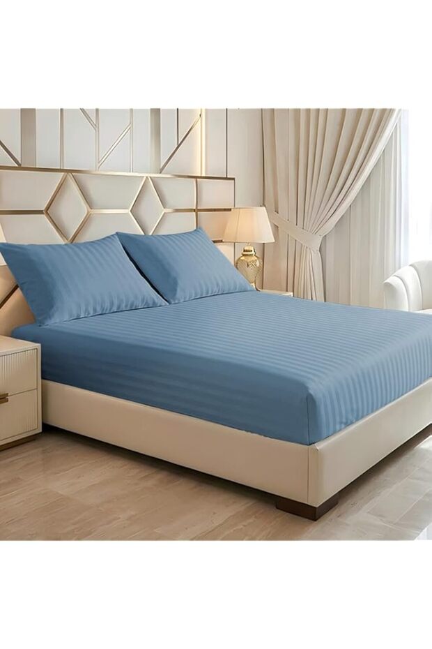 Master Home Textile Bedding Fitted Sheet Set, Fits 160 x 200 cm Bed, For Single and Half Size Bed, 3 Pieces Queen Size with 30 cm deep pocket, Microfiber Soft Sheet Set with Stripe Pattern, Lake Blue