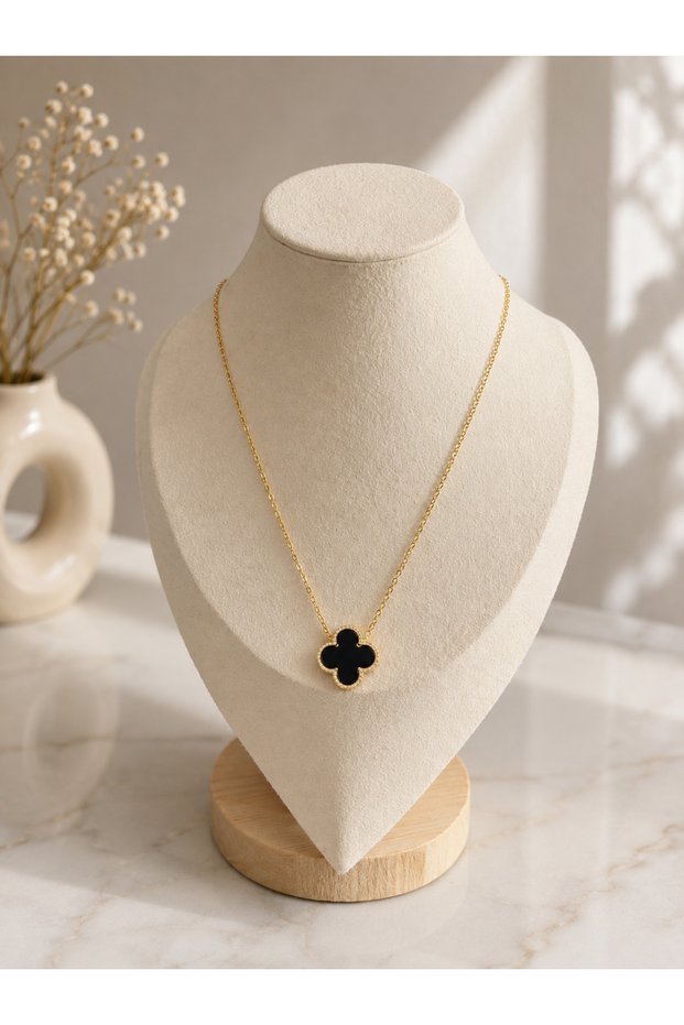 Steel Women's Gold Color Black Quarter Clover Necklace Elegant Stylish Model
