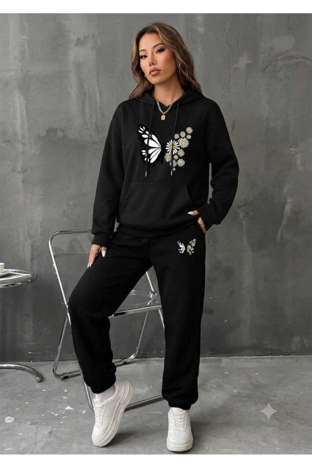 Hooded Sweatshirt 2-Piece Combination Winter Patterned Daisy Butterfly Printed Women's / Girls' Model
