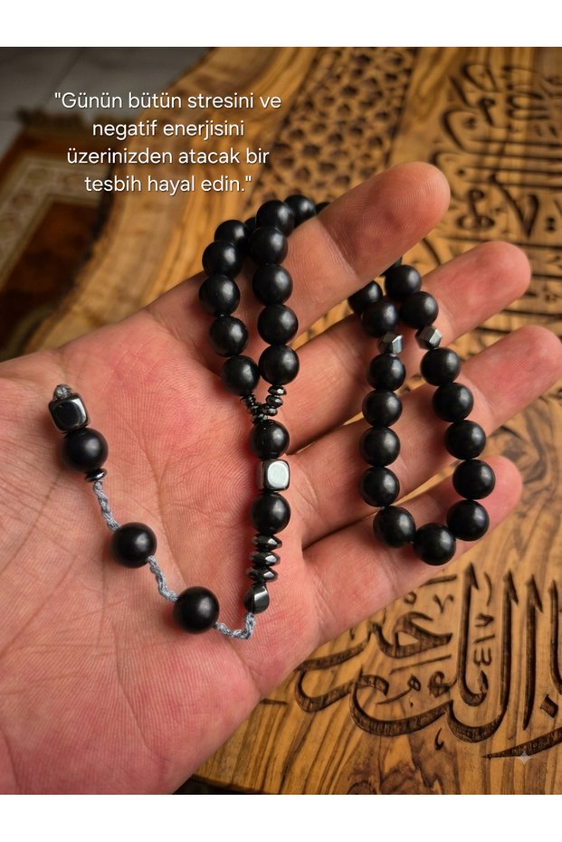 Güleç Natural Stone Shungite Stone Hematite Detailed 8 mm Natural Stone Prayer Beads Matte Black Special Design