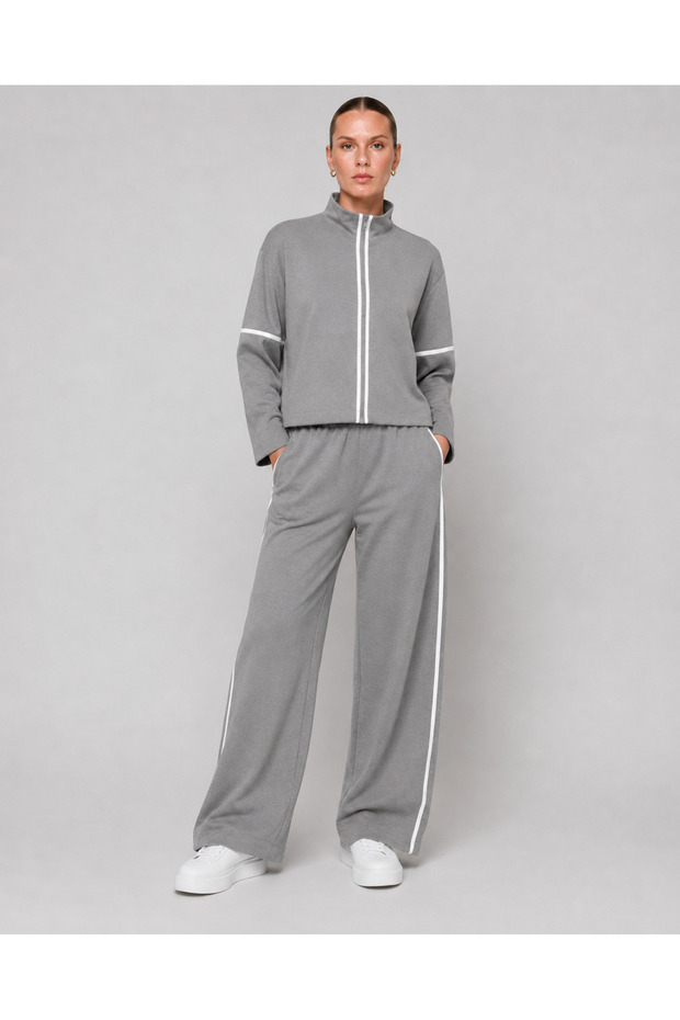 Women's Modal Fabric Stripe Detailed Stand Collar Zippered Wide Leg Sweatpants Set
