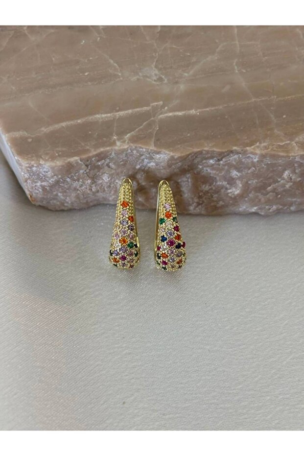 Colorful Stone Detailed Oval Hoop Steel Earrings
