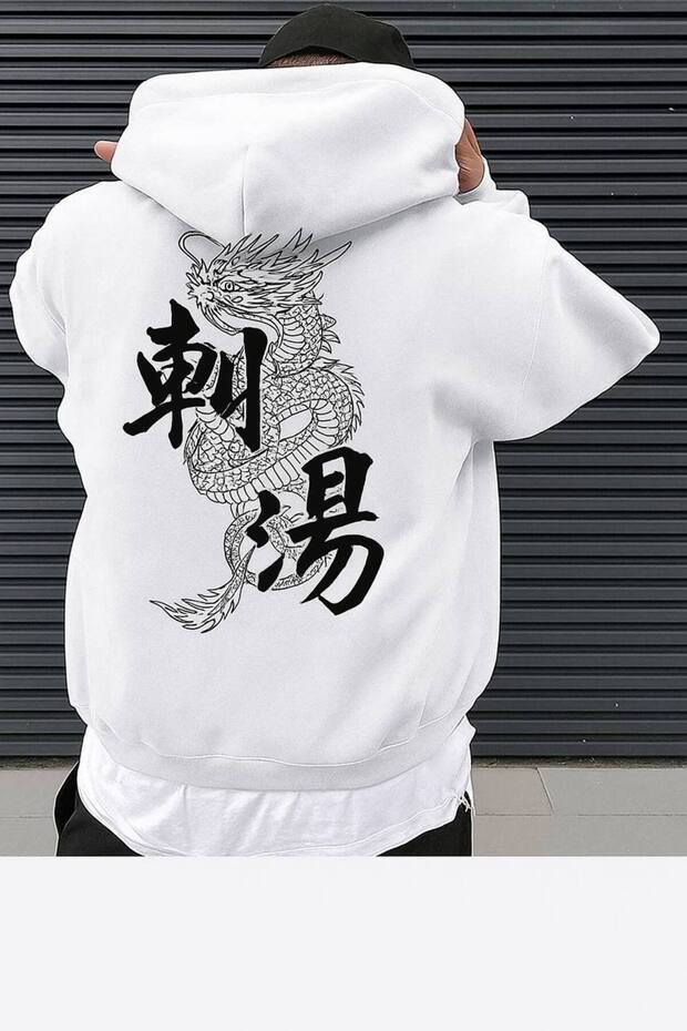 Unisex Oversize 3 Thread Yarn Kangaroo Pocket "Japanese Dragon and Kanji" Printed Hooded Sweatshirt