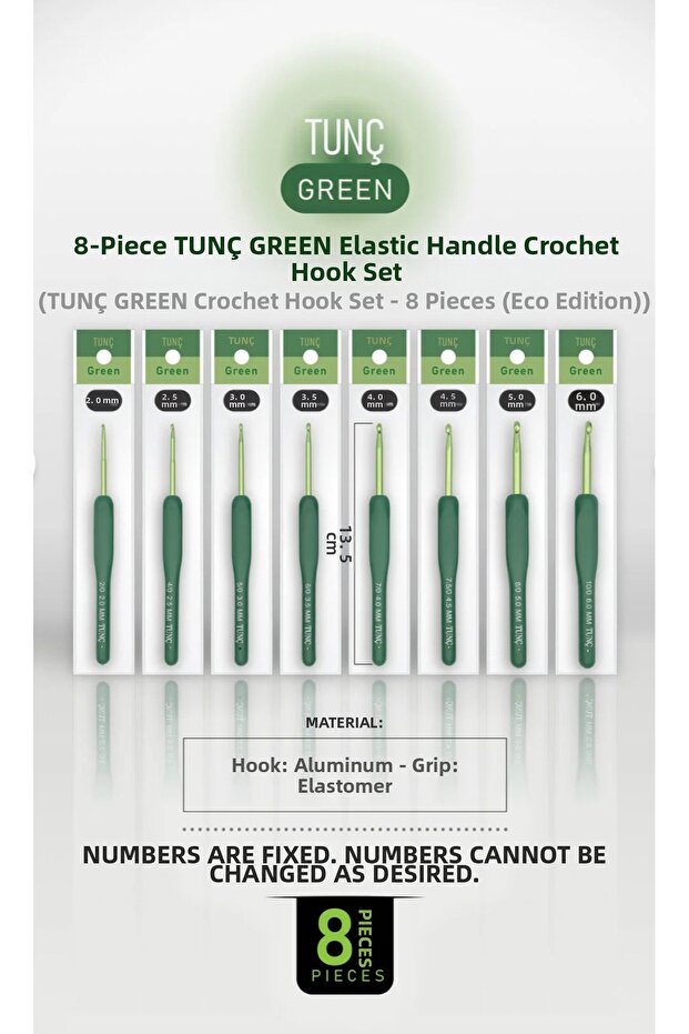 Tunç Green - Set of 8 - Wool Crochet Hooks with Elastic Handles - 8 Wool Crochet Hooks