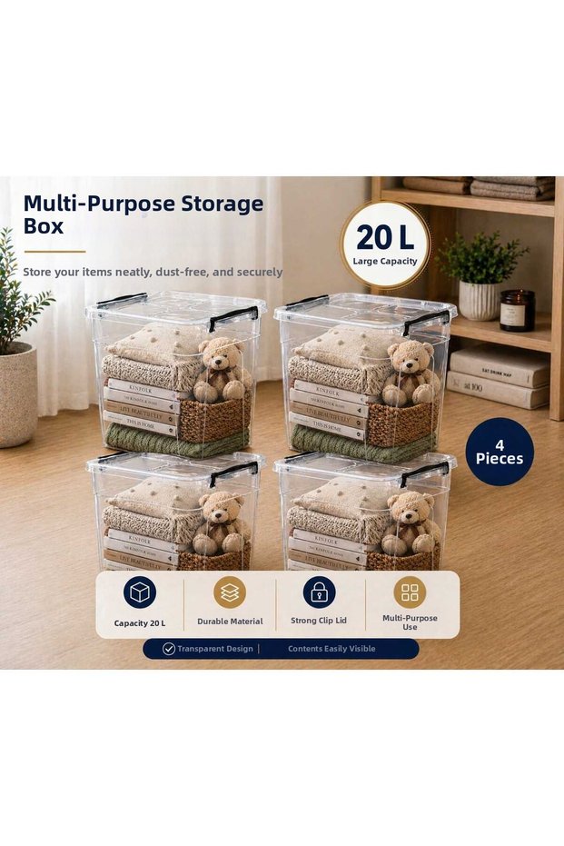 20 Liters Plastic Vertical Deep Storage Organization and Storage Bin with Locking Lid 4Pcs