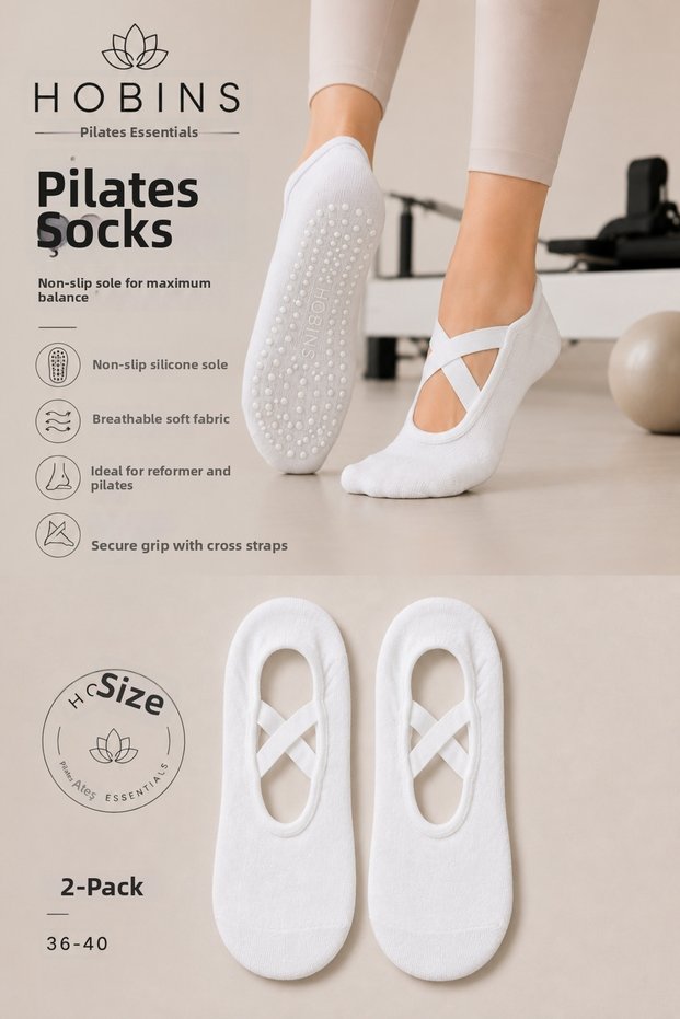 2 Pairs of Non-Slip Sole Pilates and Yoga Socks for Dance, Ballet, Pilates Non-Slip Socks with Black, White, Gray, Tan Color Options