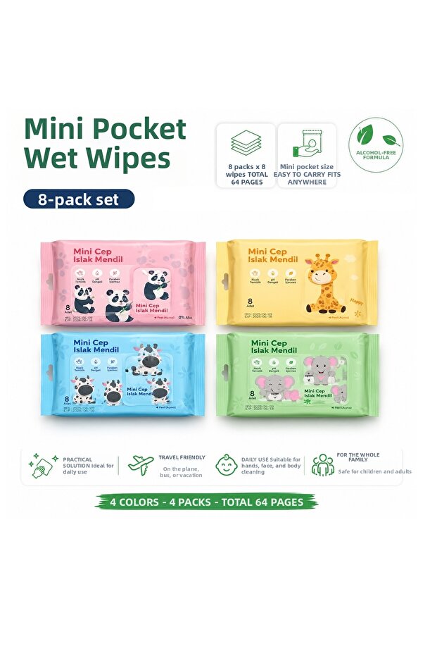 Mini Pocket Wet Wipes Set of 4, 64 Sheets, Alcohol-Free, Mixed Patterns for Sensitive Skin