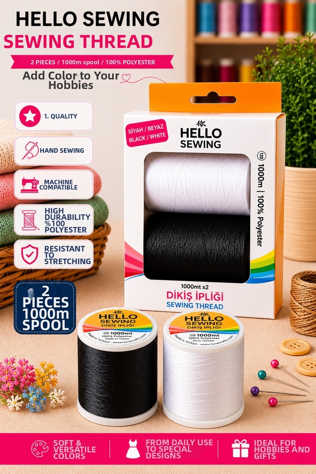 Hello Sewing Thread Set - First Quality Black and White 2-Piece Thread Set Blm