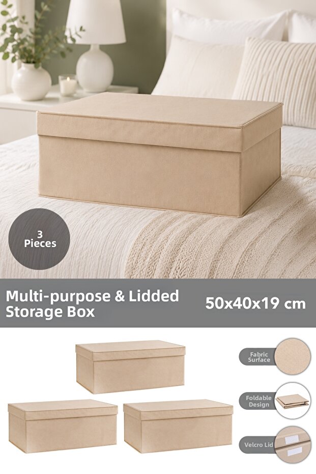3-Piece Organizer Storage Box Set - Multi-Purpose Storage Box with Lid 50X40X19Cm Beige