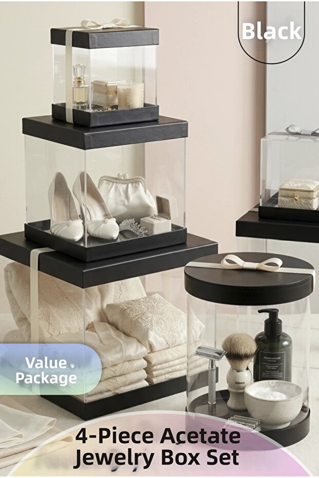 Set of 4 Acetate Dowry Boxes (Transparent - Foldable - Practical Installation) (Small + Medium + Large + Round) Black