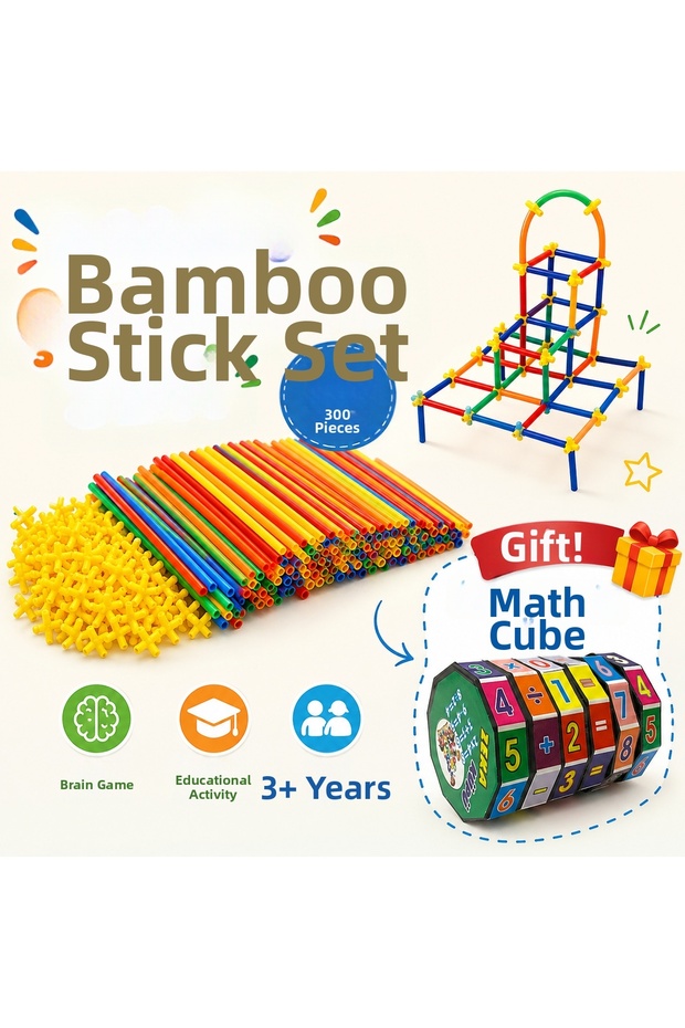 300 Pieces Bamboo Sticks Educational Intelligence and Design Game Math Cube with Gift