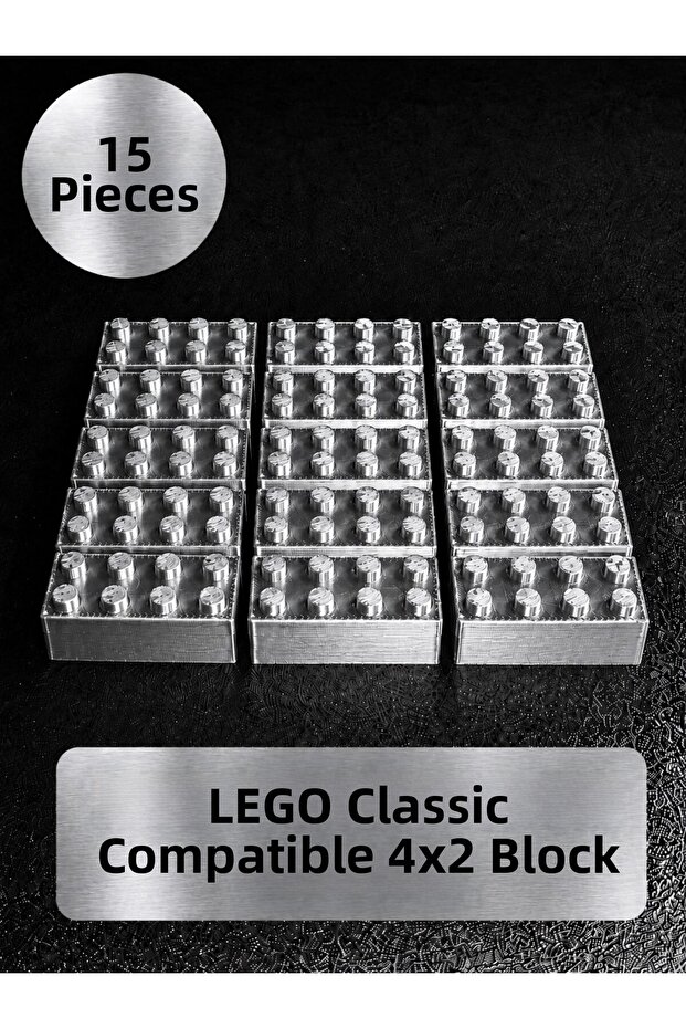 Lego Compatible Classic 15 Pieces Silver Shiny Silver Color Metallic Color 4X2 Brick Block Lego Spare Parts