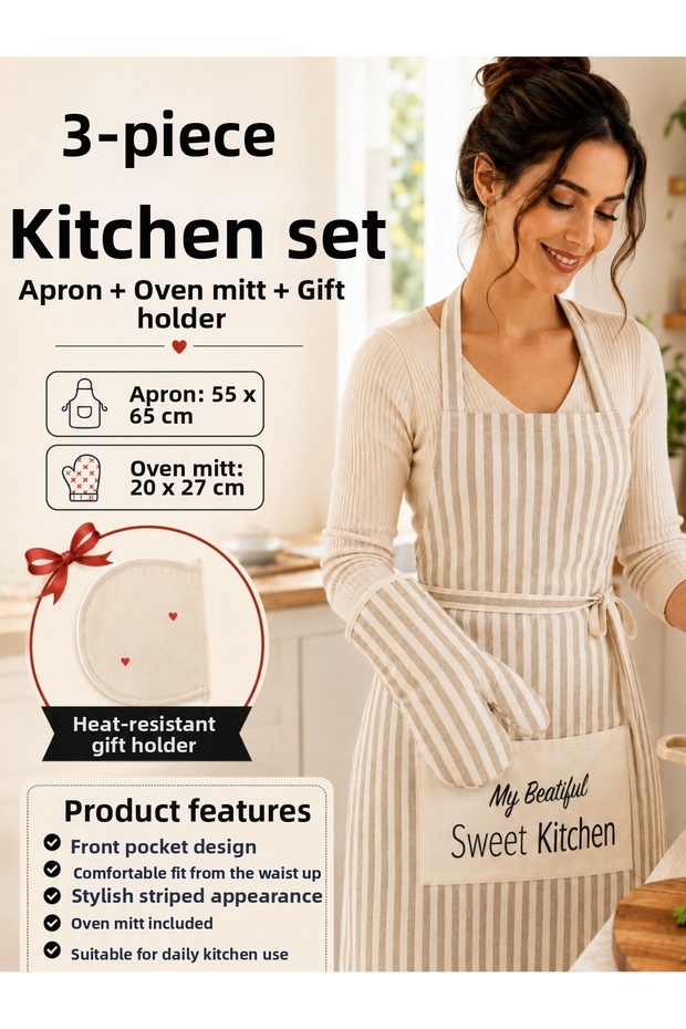 3-Piece Kitchen Set: Apron + Oven Gloves + Handle Cover