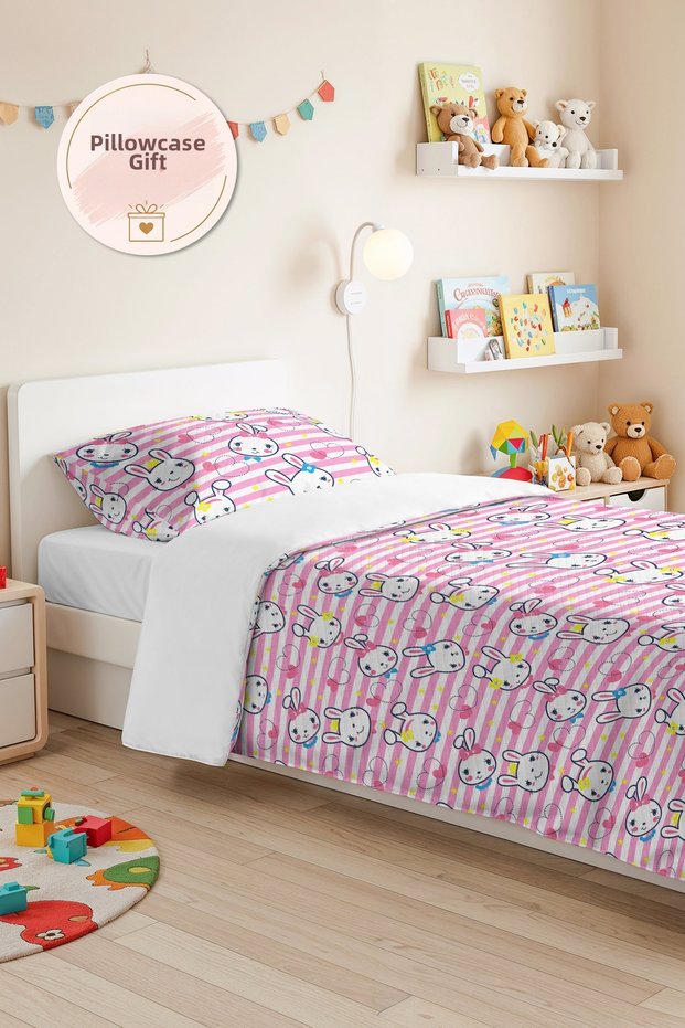 Rabbit Pink Girls' Pique Set - Striped Heart Yellow and White Baby Room Bedspread - 160X220 cm
