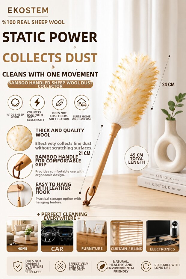 Sheep Wool Dusting Tassel Bamboo Handle Static Dust Collector Furniture Curtain Blinds Vehicle Cleaning
