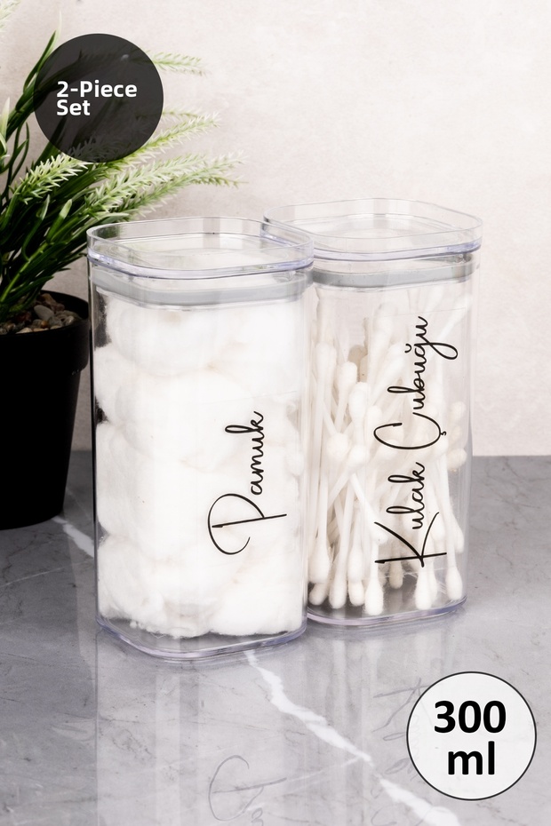 2-Piece Cotton - Ear Swab - Makeup Cotton Labeled Transparent Mica Jar Cotton Box Set Acrylic Bathroom Organizer 300 ml