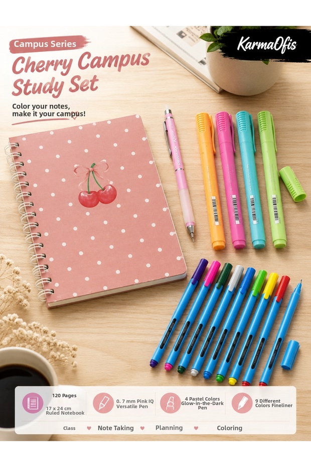 Cherry Campus University Stationery Set – 120 Sheets Lined Notebook, 9 Fineliner Pens, 4 Highlighters, and 0.7 Versatil Pen
