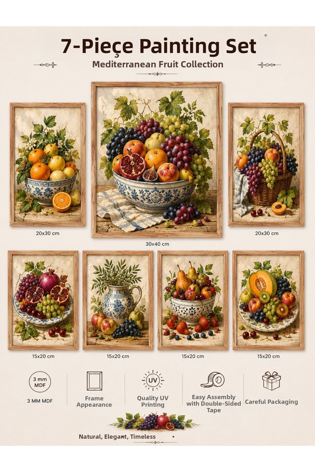 7 Piece Frame Wood Look Mediterranean Fruits Painting Set Decorative Wall Painting