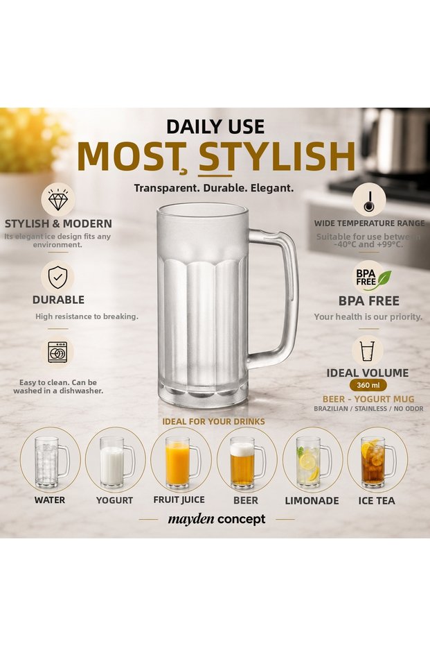 360 ml Unbreakable Ice-Look Beer Glass with Handle – Transparent Polycarbonate, Thick-Bottomed Hard Plastic Cup – Suitable for Cafe, Bar, Hotel & Organization Use