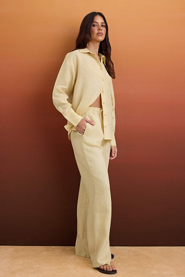 Bej %100 Keten Beli Lastikli Yüksek Bel Wide Leg Pantolon TWOSS26PL00041 - 1