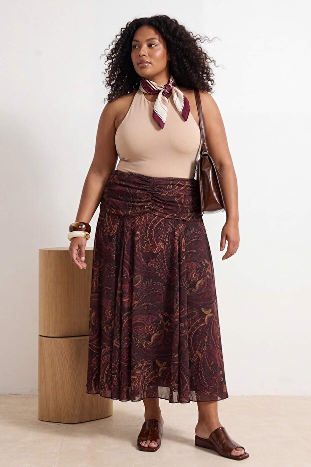 Çok Renkli Maxi Büzgü/Drape Detaylı Boho/Boho Chic Basklılı Tül Esnek Örme Etek TBBAW26AZ00059 - 1
