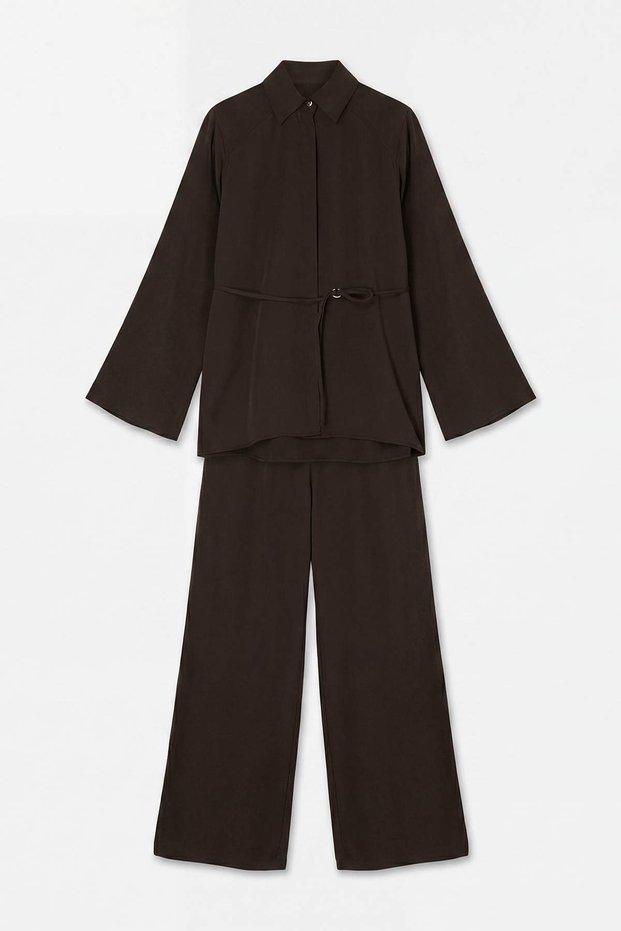 Brown Waist Slim Belted Shirt Elastic Waist Pocketed Trousers Bottom Double Set Tdrss26Au00058