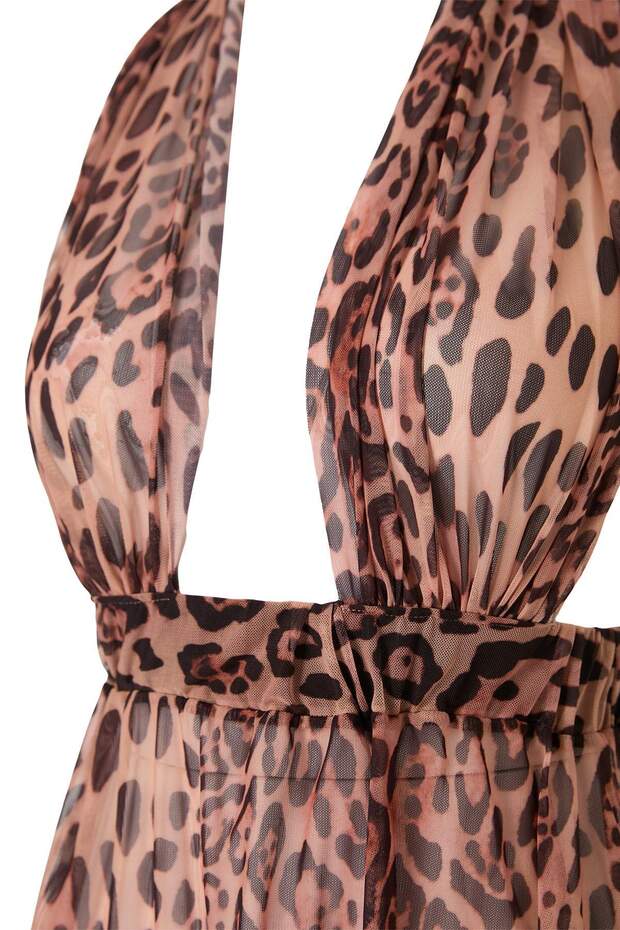 Leopar Desenli Dokuma Mini Boyundan Bağlamalı Mesh Plaj Elbisesi TBESS26LE00007 - 5