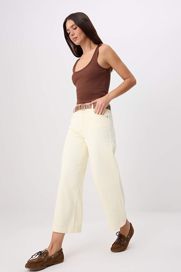 Sarı Kemerli Yüksek Bel Bilek Boy Wide Leg Jeans TWOSS26JE00317 - 2