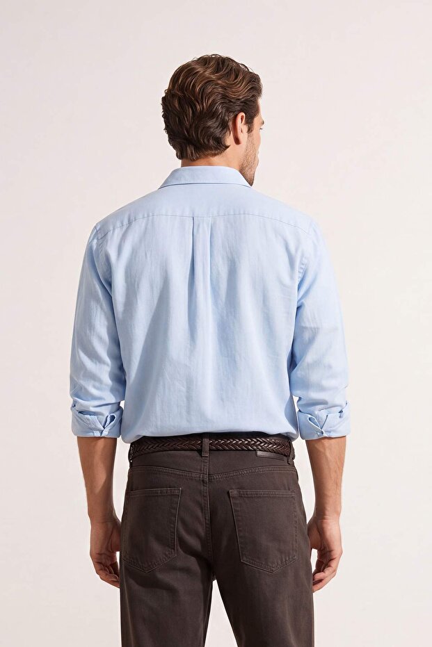 Açık Mavi Regular Fit Apoletli Buruşuk Efektli Keten Görünümlü Gömlek TMNSS23GO00061 - 4